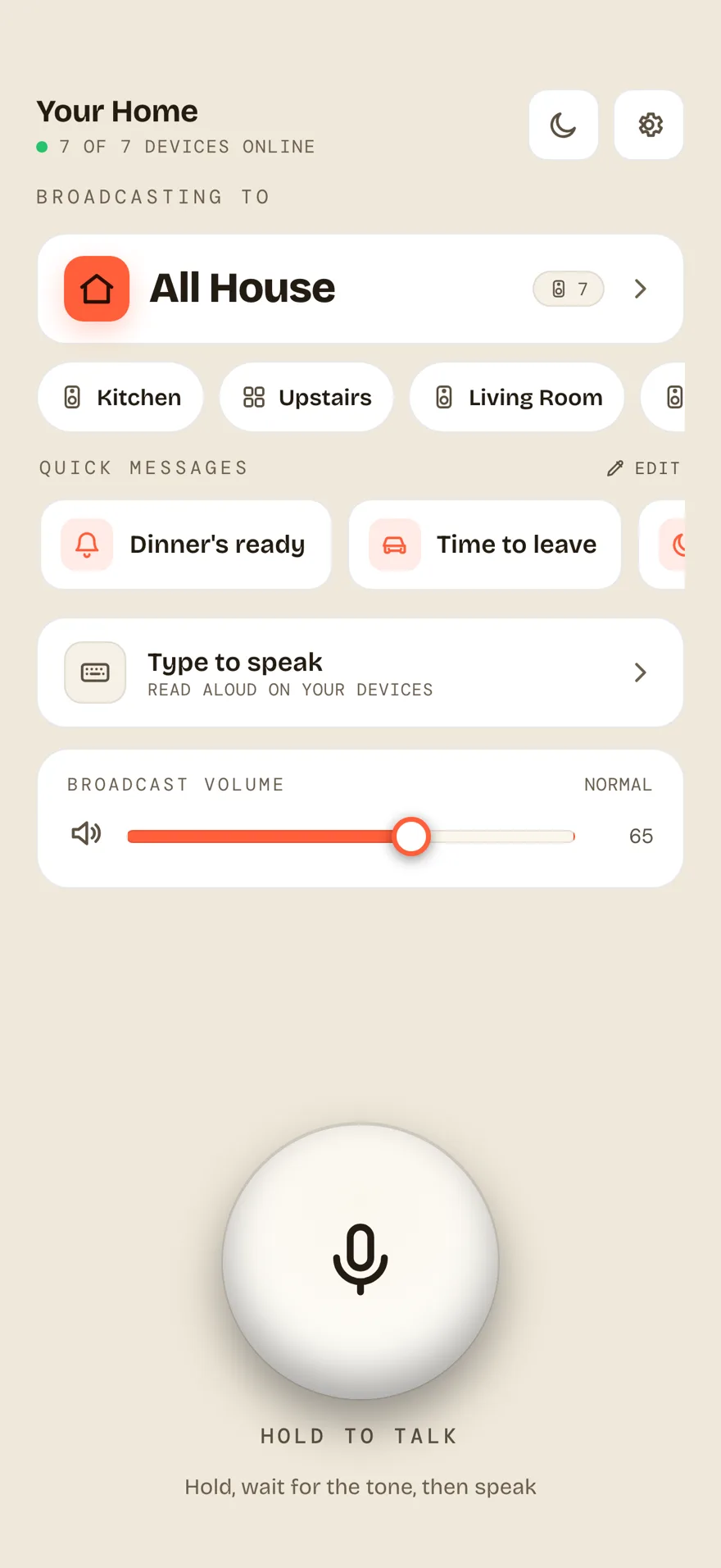 HomeComms home screen with a hold-to-talk button and speaker targets