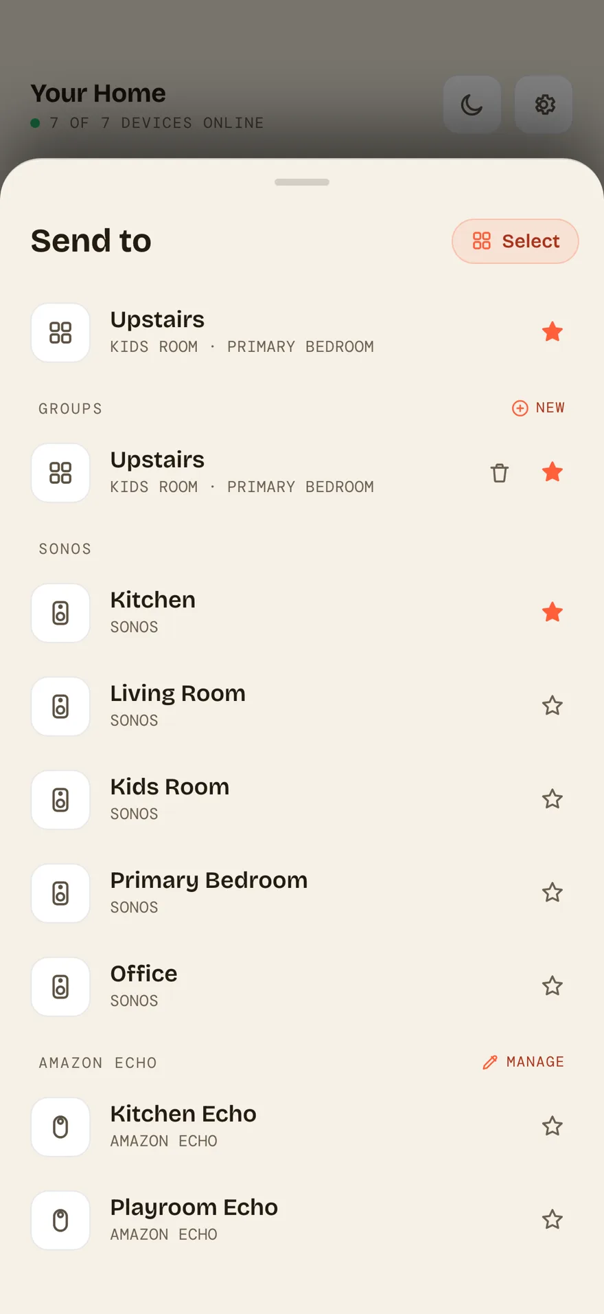 Speaker picker showing Sonos rooms and Amazon Echo devices