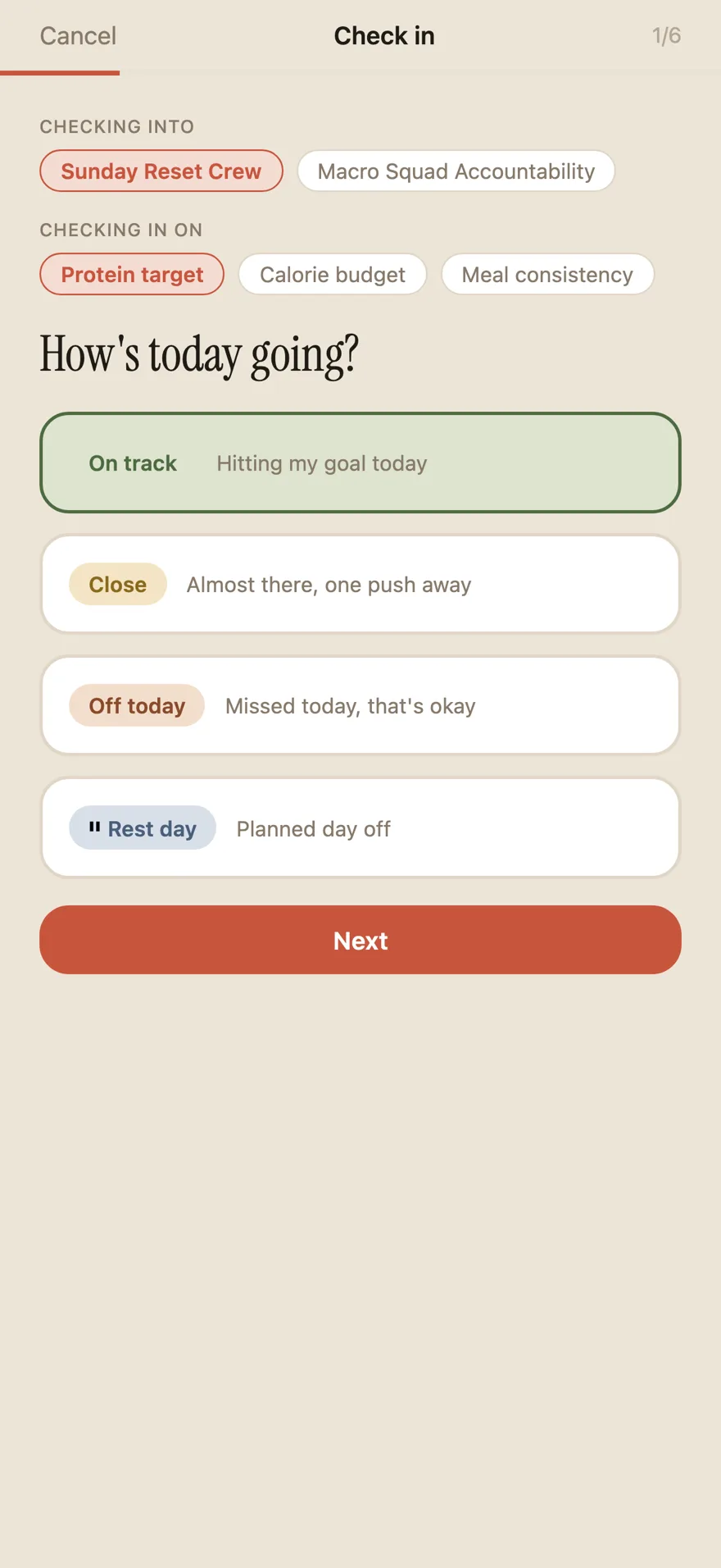 Check-in compose screen with group and goal selection and On track / Close / Off today / Rest day status options