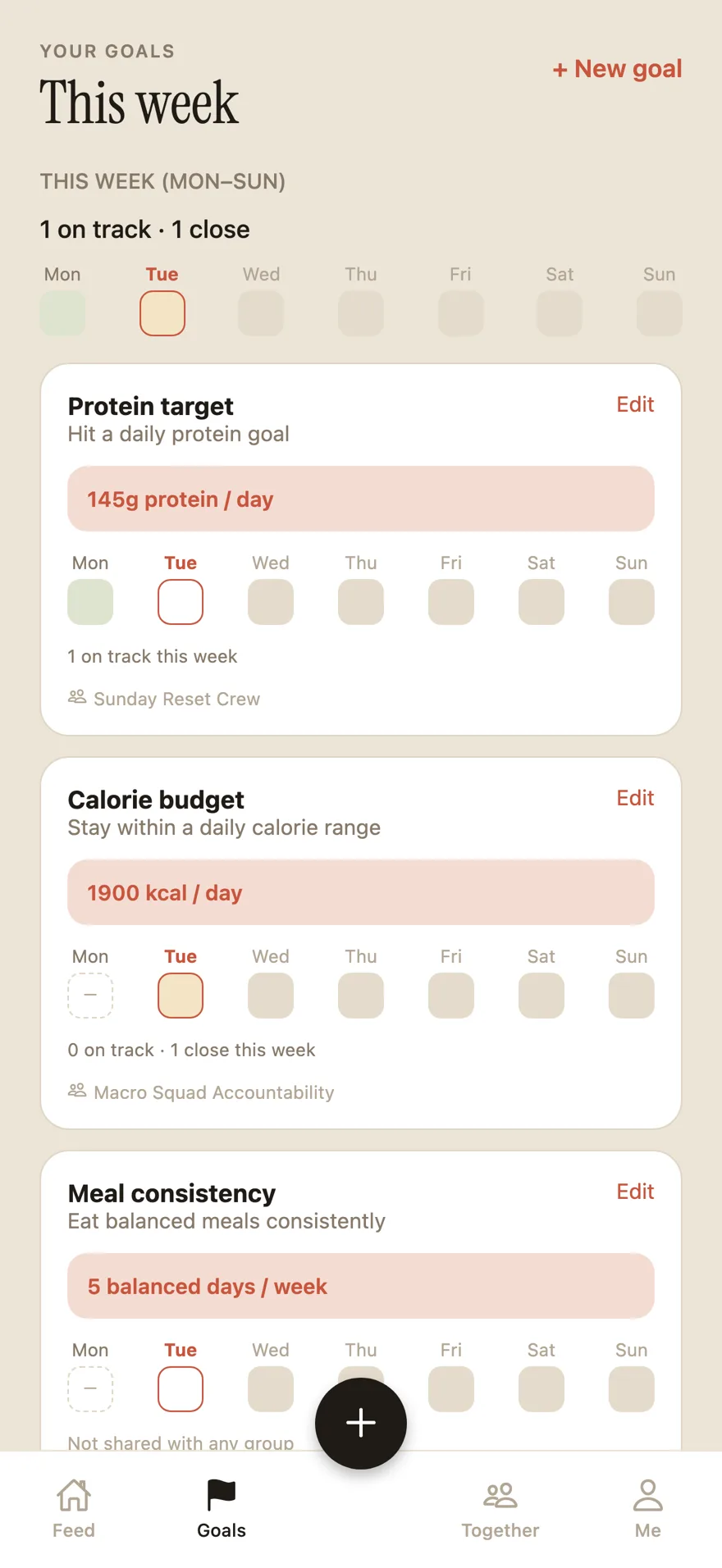 Goals screen showing weekly targets for protein, calories, and meal consistency with daily on-track markers, no progress bar