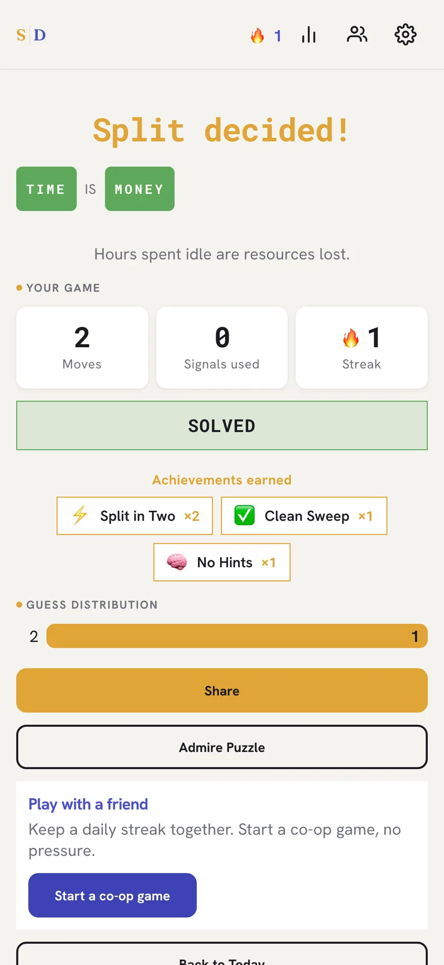 Split Decision solved screen showing the phrase TIME IS MONEY