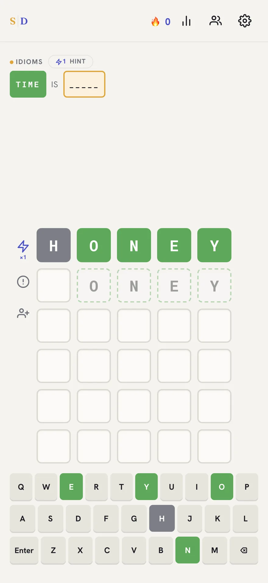 Idioms puzzle mid-game: TIME solved, and HONEY submitted as a guess for the five-letter second target, with O, N, E, and Y confirmed correct and H marked wrong, matching letter feedback highlighted on the keyboard