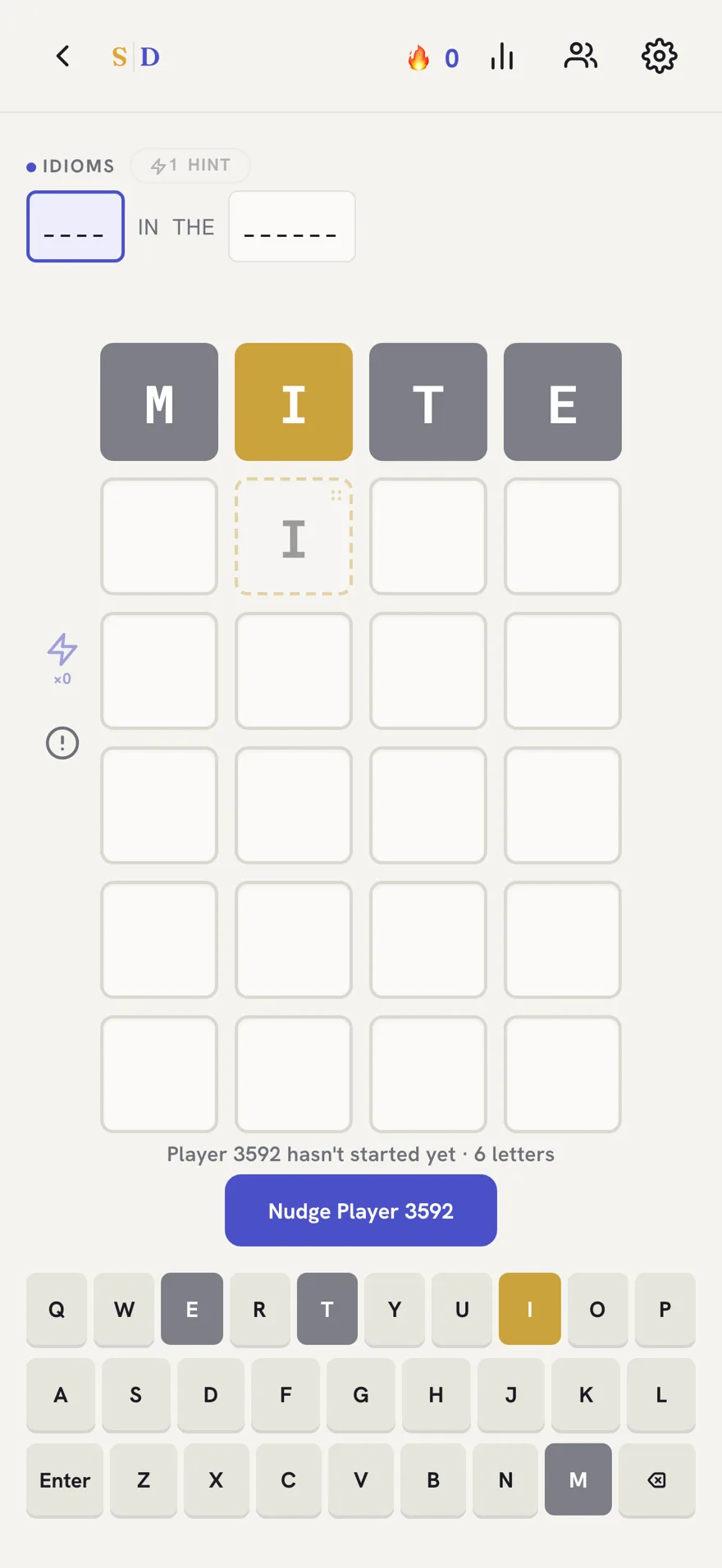Co-op puzzle screen showing a teammate's row marked 'hasn't started yet' with a Nudge button