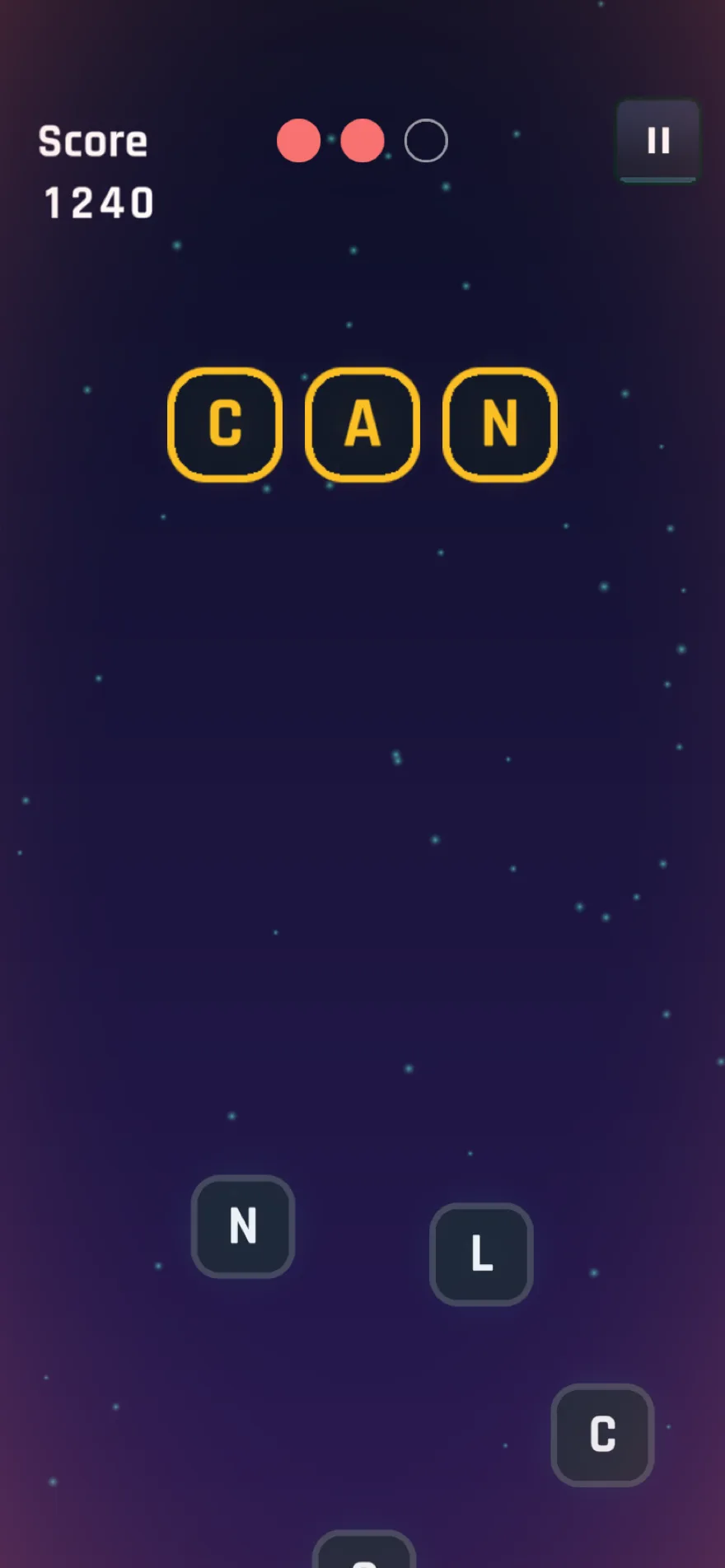 Wordblade arcade mode with a glowing target word and letters in flight