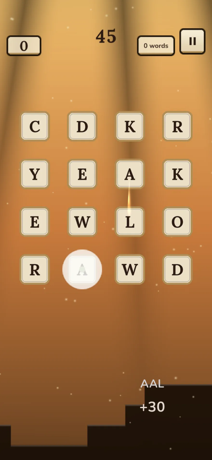 Mid-swipe on the Scriptorium skin, the slash trail cutting through a grid of letters with a plus-30 score float