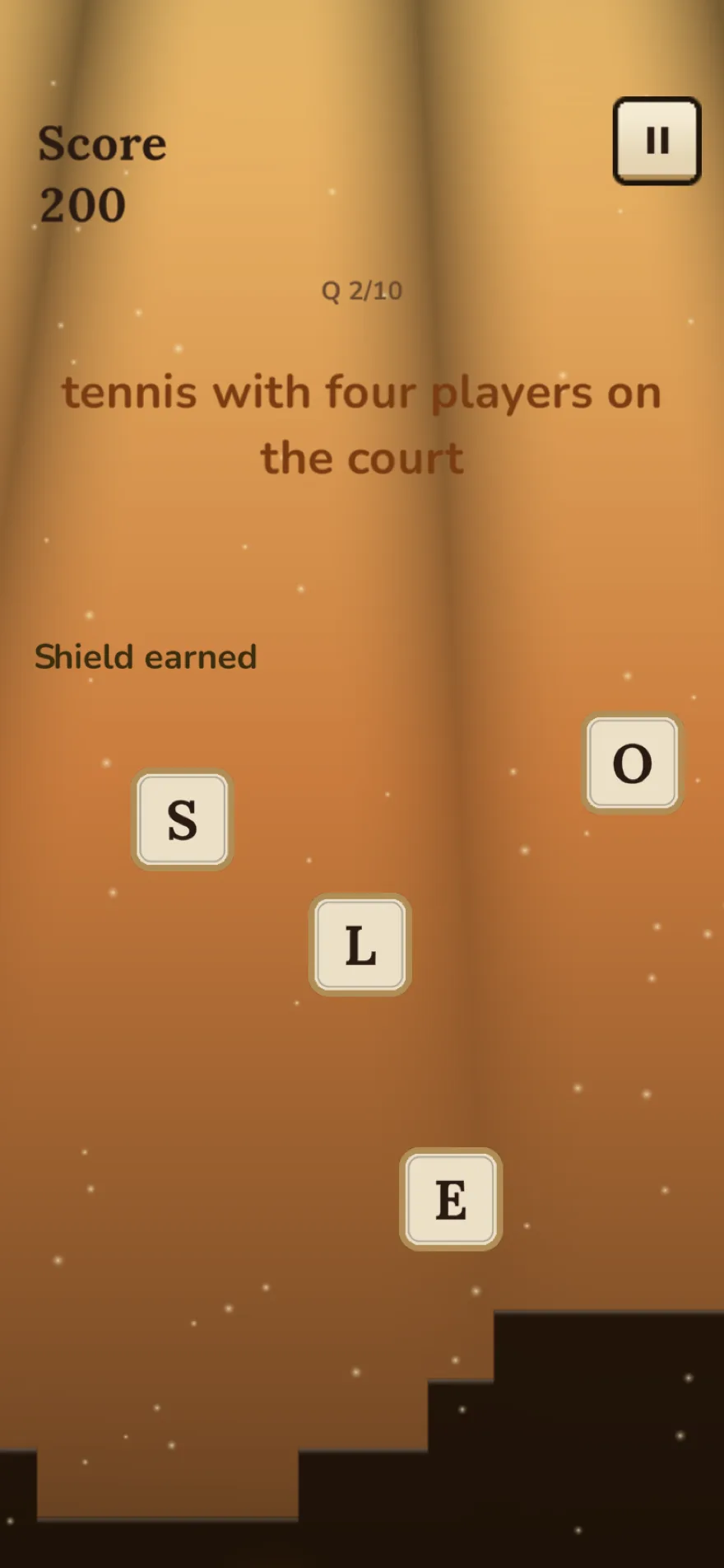 Quiz mode: the clue "tennis with four players on the court", question 2 of 10, with letters in flight to spell the answer